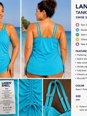 NWT Lands’ End Tankini Top Swim Separate size 20-Aqua